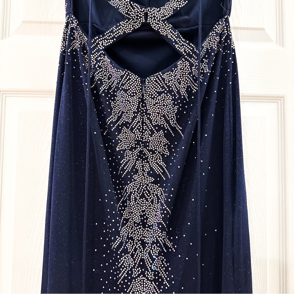 ELLIE WILDE EW34075 Long Jersey Mermaid Prom gown Blue Iridescent Crystals sz 6 - Picture 6 of 9